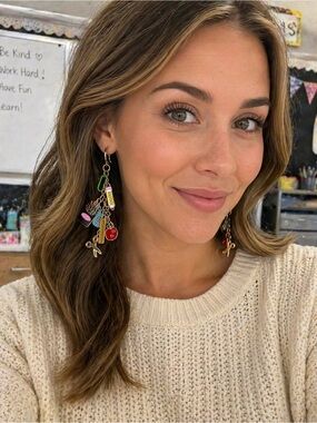 Teacher Charm Dangle Earrings Gold Tone Apple Pencil Classroom School Gift New